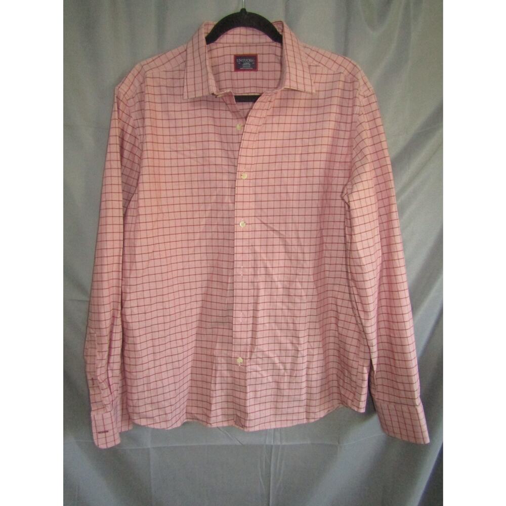 UNTUCKit L Pink Windowpane Check Dress Shirt Men's Wrinkle Free 100% Cotton Butt